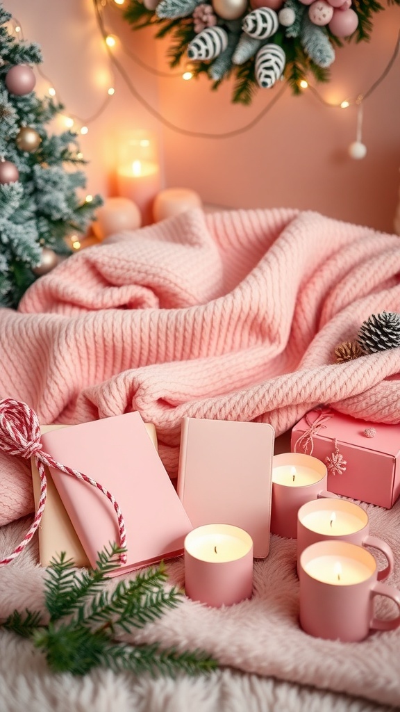 Aesthetic pink Christmas wishlist with throw blanket, journals, candles, and mugs in a cozy setting.